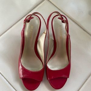 Liz Claiborne sling, peep toe, 2” heel, patent leather, red, size 7.